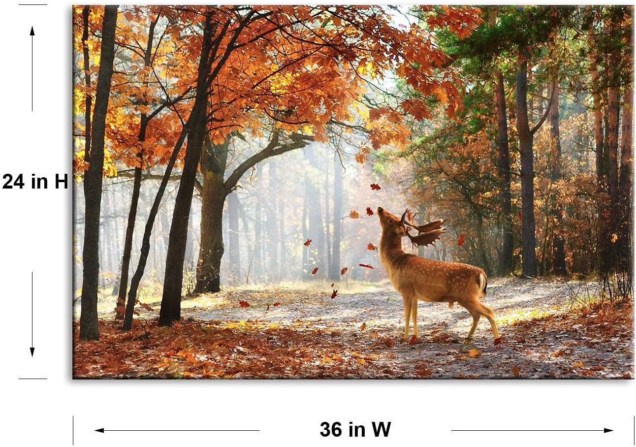 TEKMENT Arte de pared de bosque otoñal de ciervos para sala de estar, hermoso lienzo Sika Wild Animal en la mañana con hojas que caen, decoración de