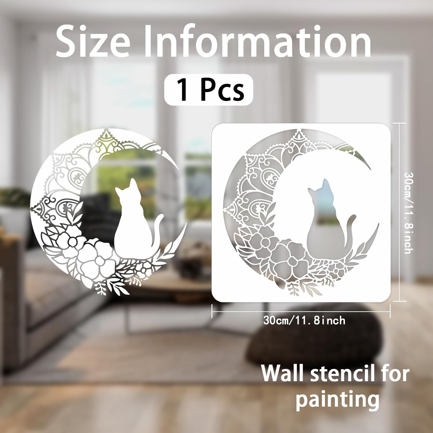 BEUNITONE Plantilla de pared de gato de luna, plantilla de mandala floral, gato negro, plantilla de azulejos de animales, plantillas de dibujo de