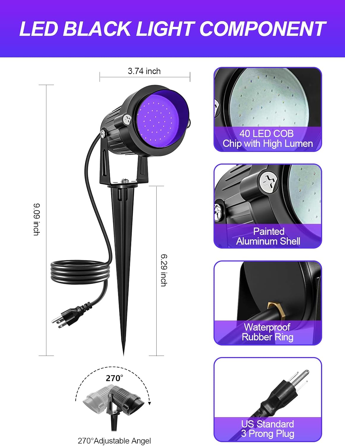 Proyector de Halloween de 15 W, luces LED negras, iluminación de paisaje, impermeable, luz negra al aire libre con enchufe de EE. UU. para fiesta de