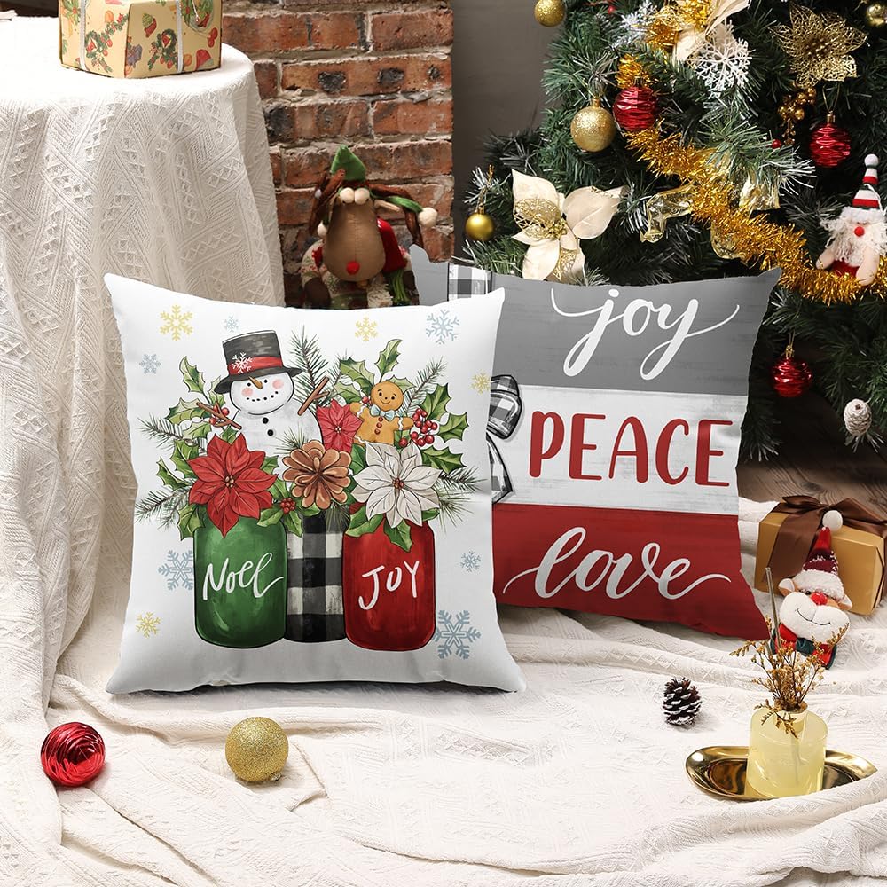 DFXSZ Juego de 4 fundas de almohada navideñas de 18 x 18 pulgadas, jarrón de muñeco de nieve, árbol de Navidad, decoración de invierno para el