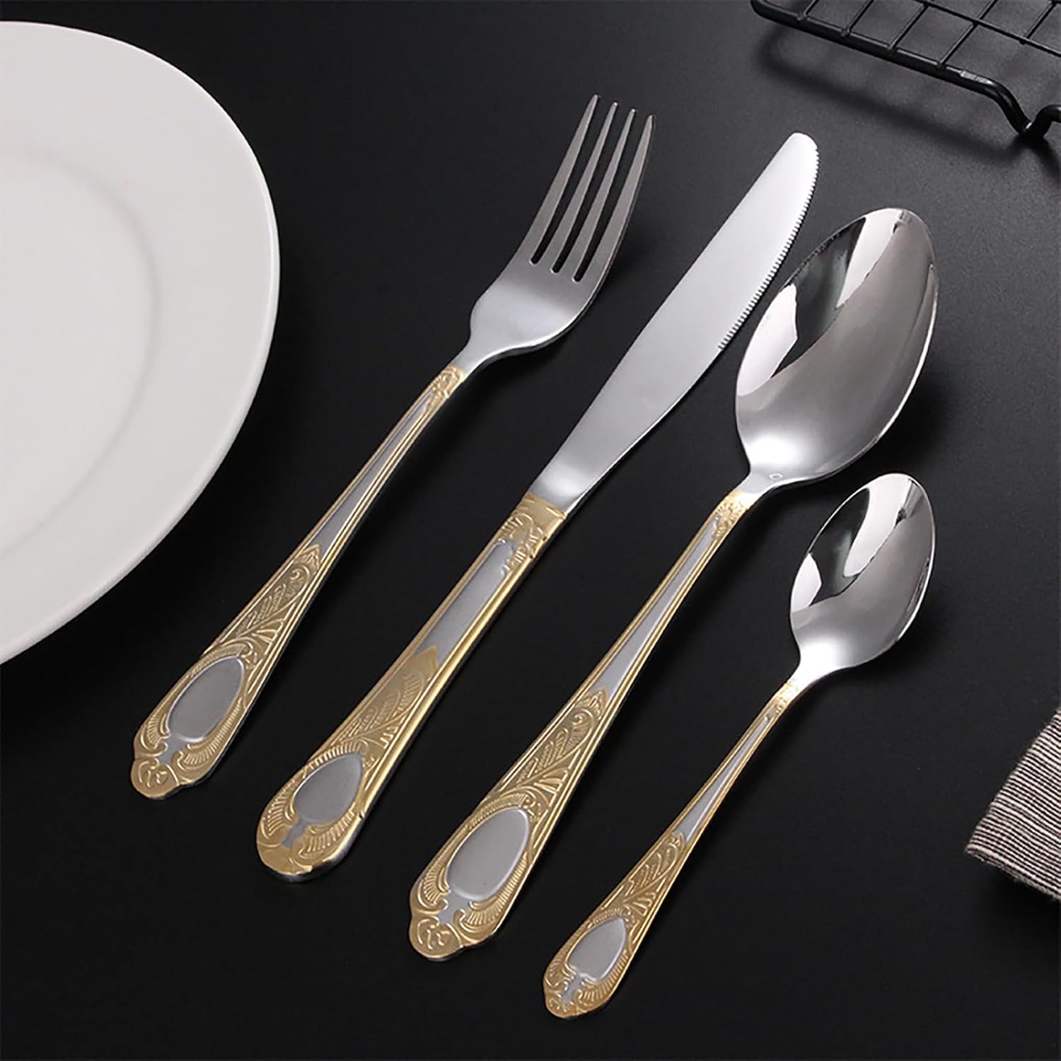 Juego de cubiertos para 6 cubiertos de acero inoxidable de lujo estilo antiguo pulido con 24 piezas para el hogar, cocina, fiesta, restaurante,