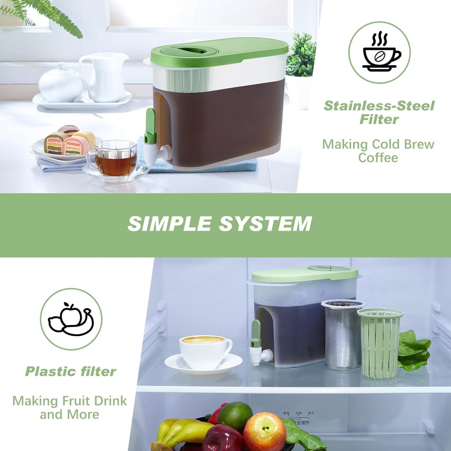 3 juegos de cafetera fría de 1 galón, jarra de café helado con filtro de malla de acero inoxidable y espita, jarra de preparación fría, dispensador