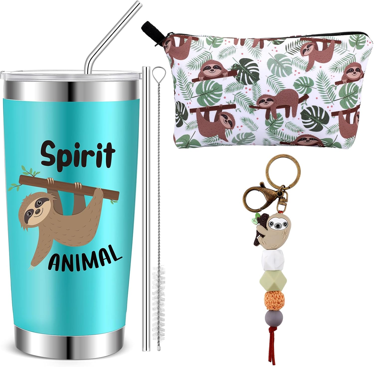 Abbylike 3 piezas de regalo de perezoso bolsa de maquillaje de perezoso de 20 onzas, taza de viaje de acero inoxidable con 1 tapa y 2 pajitas, vaso