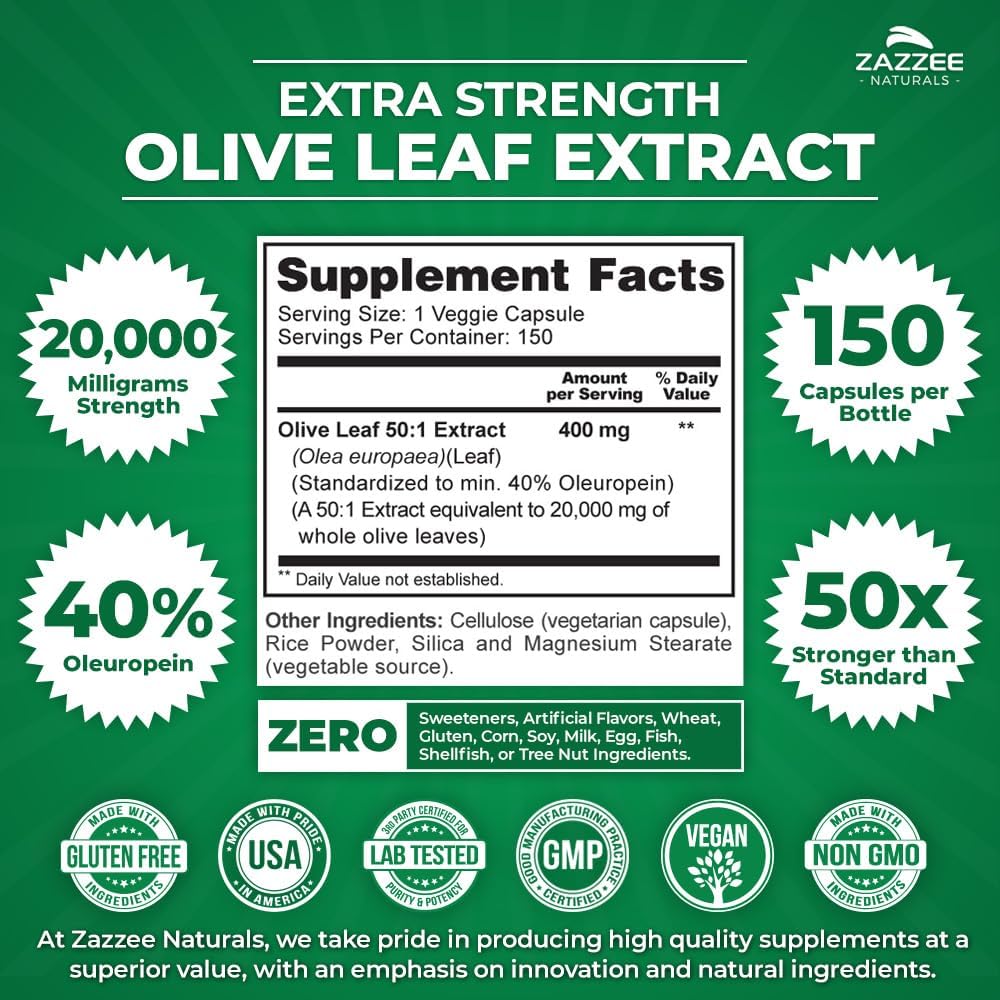 Zazzee Extracto de hoja de olivo extra fuerte 501, 20,000 mg de fuerza, 40% de oleuropeína, 150 cápsulas veganas, suministro de 5 meses, extracto