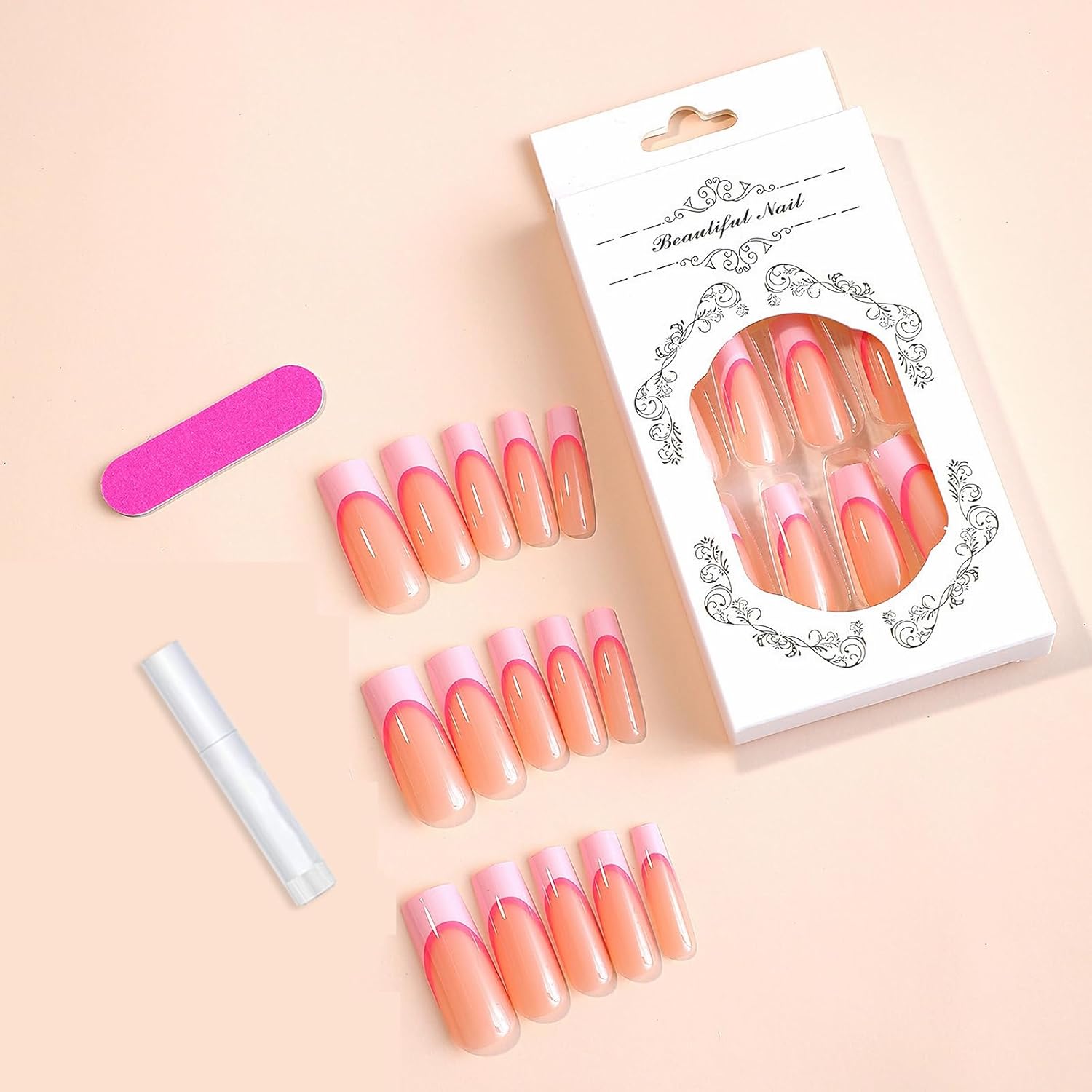 MISUD 24 uñas largas cuadradas a presión, uñas postizas Squoval, uñas postizas brillantes con pegamento en uñas rosadas de punta francesa, uñas