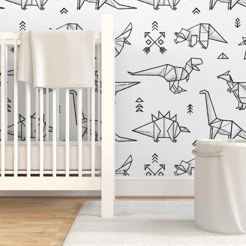 Spoonflower Papel tapiz autoadhesivo de 12 x 2 pies  Dinosaurios Origami Negro Blanco Geométrico Monocromo Papel pintado extraíble personalizado