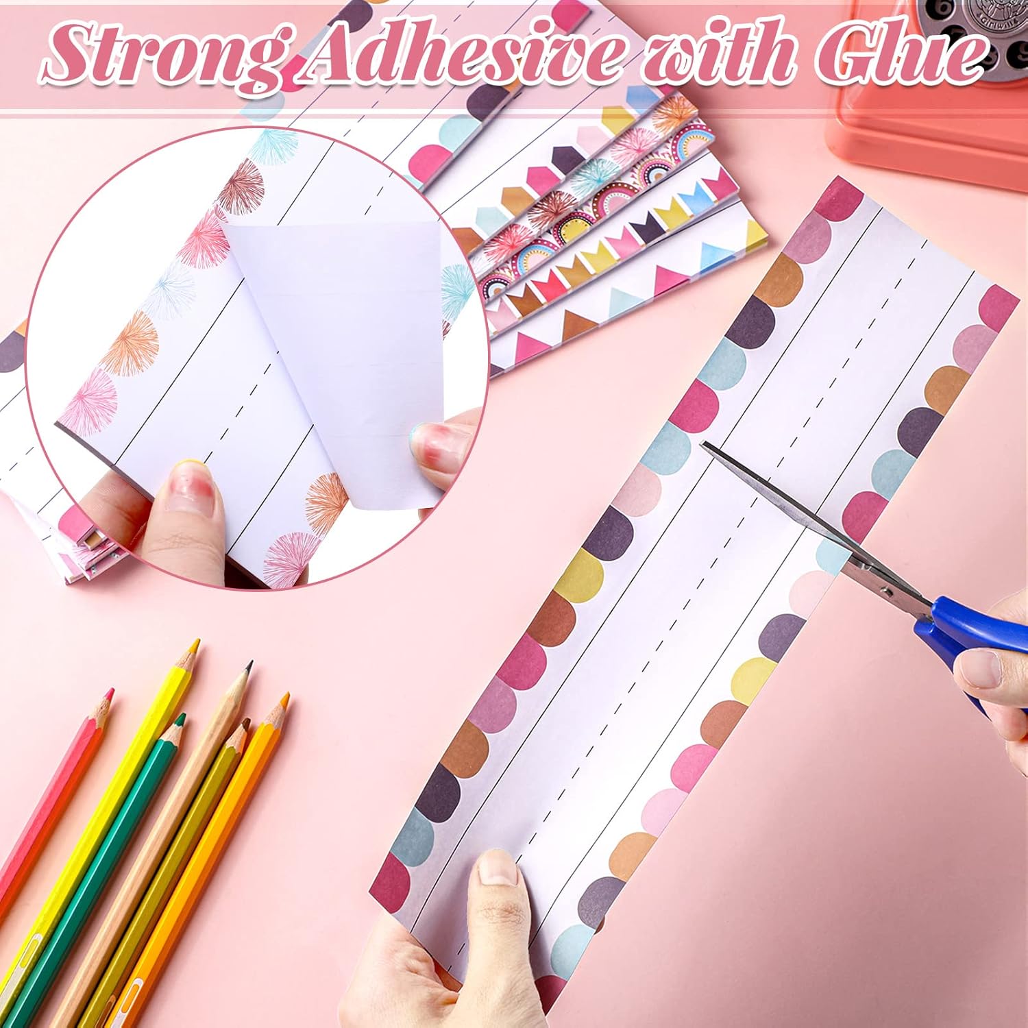 150 hojas de tiras de oraciones forradas estilo bohemio, tiras de palabras a rayas de colores, tiras adhesivas de nombre, tiras de papel para aula,