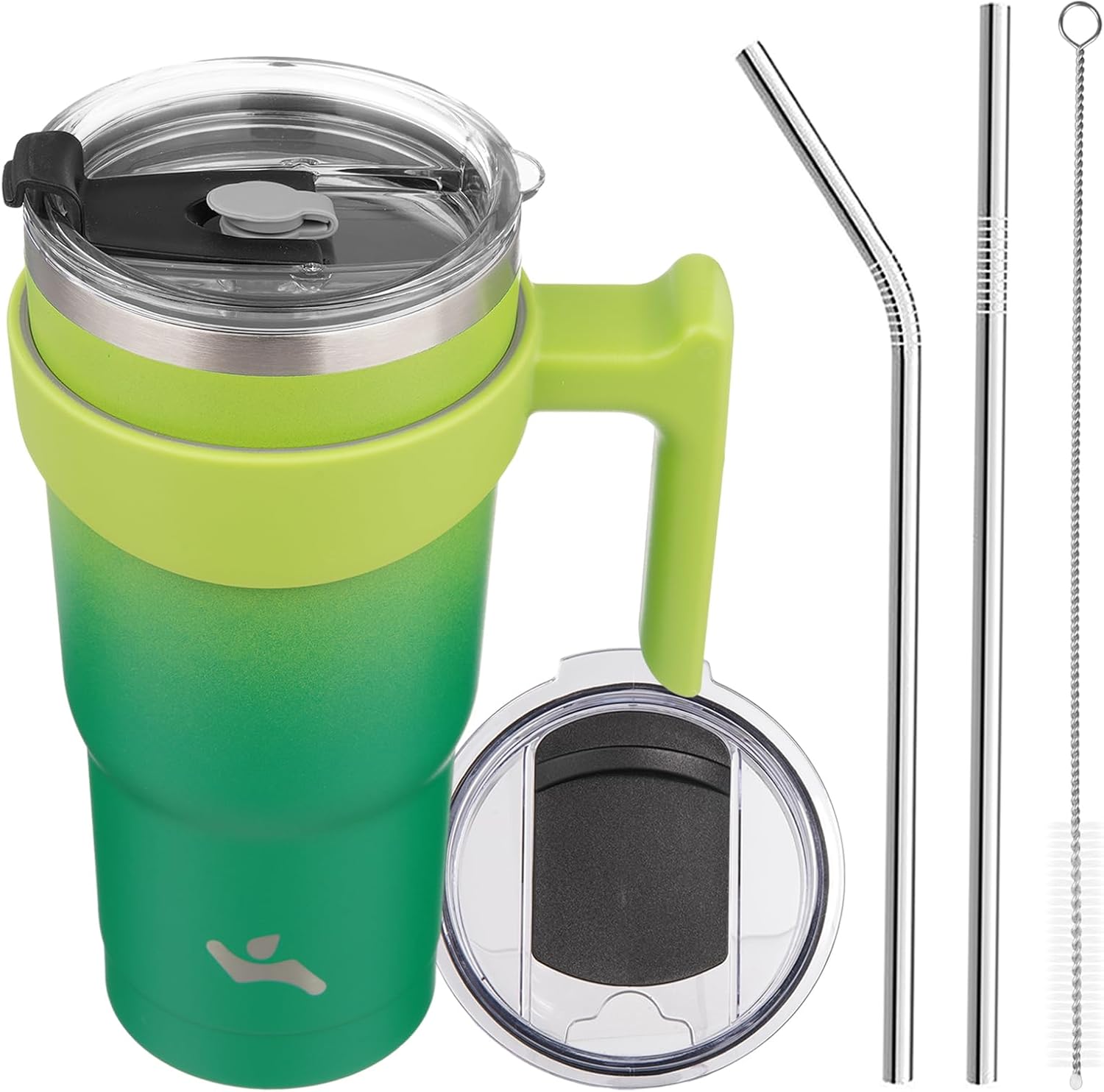 Vaso de 20 onzas con asa y 2 pajillas, 2 tapas, botella de agua aislada de acero inoxidable al vacío, taza de viaje reutilizable, color verde matcha