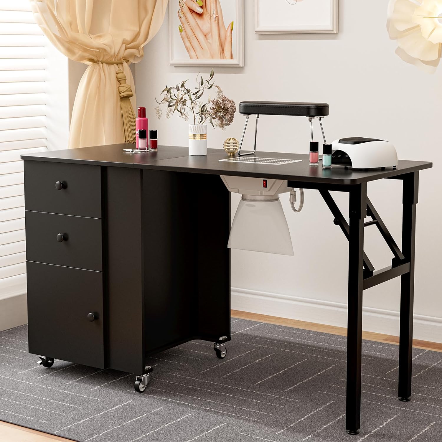 Mesa de manicura plegable para uñas, estación de escritorio plegable de uñas para tecnología de uñas con ventilación eléctrica de corriente