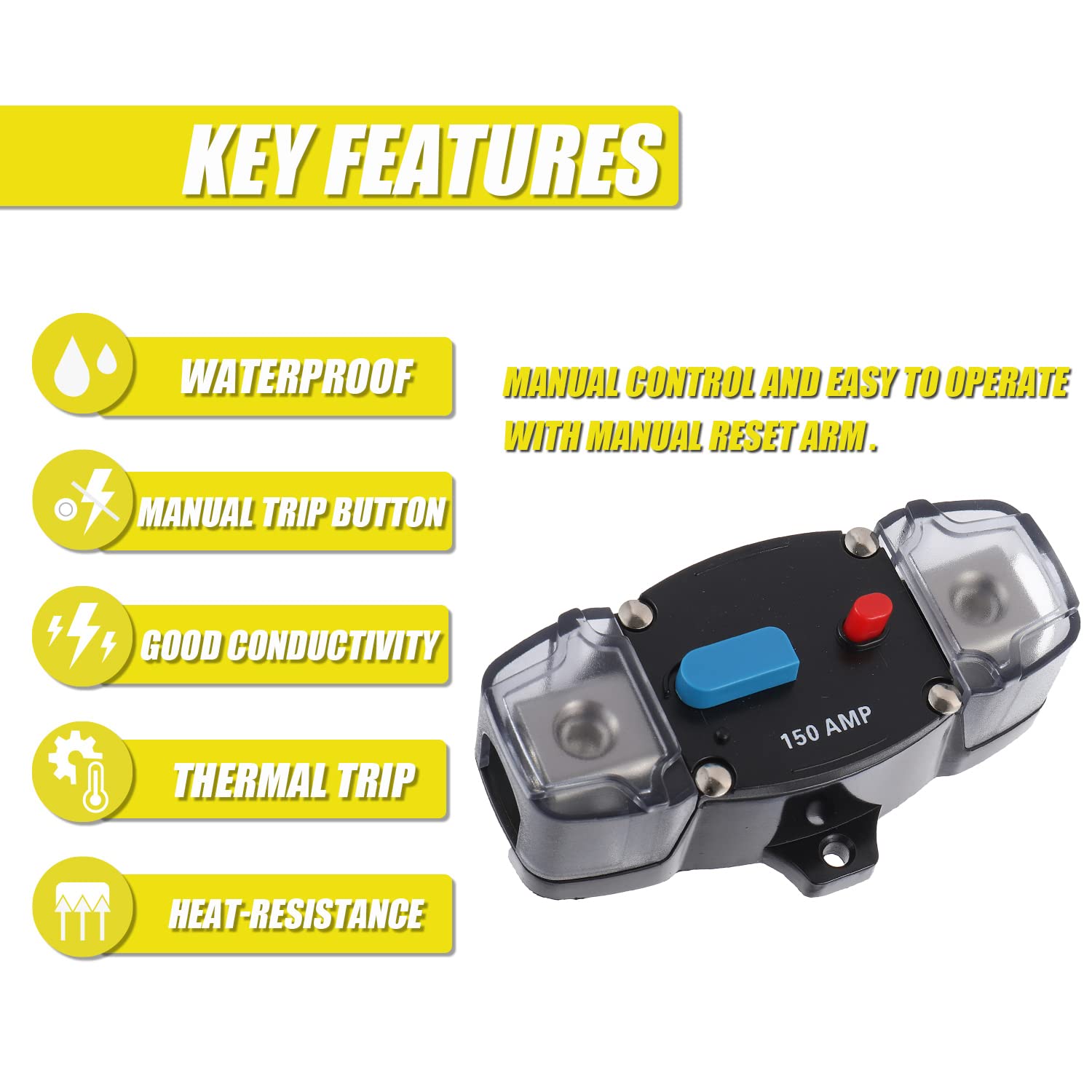 Disyuntor de recuperación automática de 150 A 12-48 voltios CC con botón de reinicio manual para lanchas marinas automotrices (150 amperios)