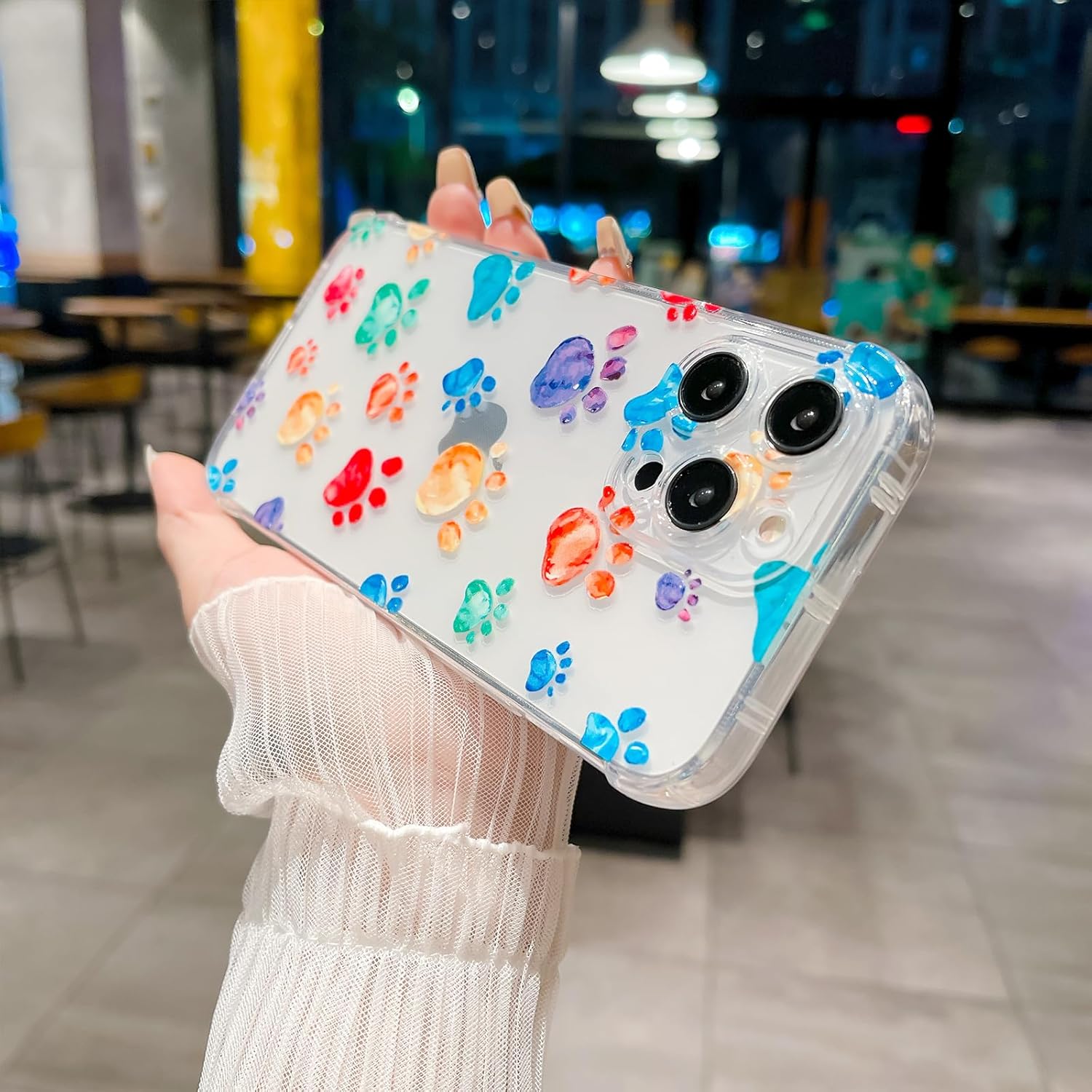 Compatible con iPhone 12 Pro, funda transparente y colorida con patrón de pata de cachorro para mujeres y niñas, cámara delgada suave y protección