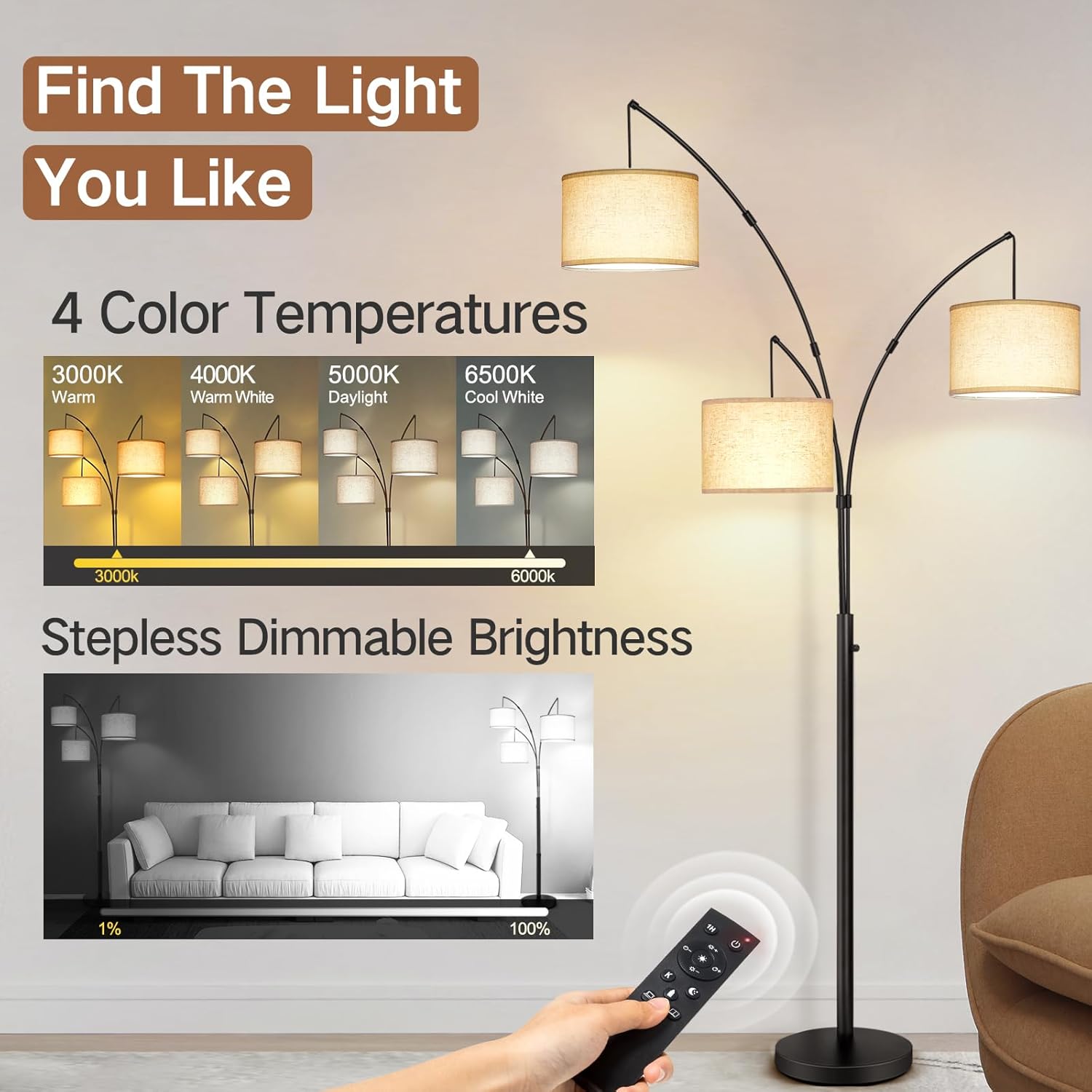 OUTON Lámpara de pie LED de arco con control remoto, regulable, moderna, de 3 luces, arqueada, alta, de mediados de siglo, para dormitorio, oficina,