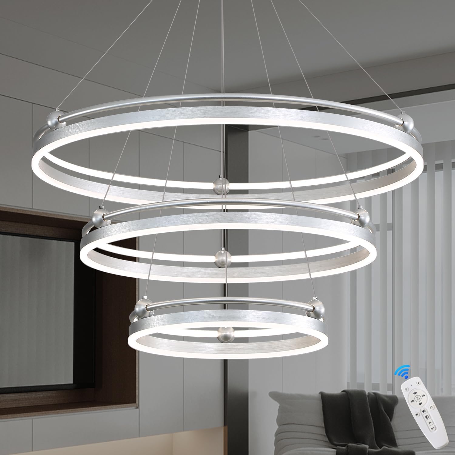 Candelabro LED moderno de 3 anillas, plateado, regulable, 230 W, 3 puntos luminosos, altura ajustable, cables de 59 pulgadas, adecuado para salas de
