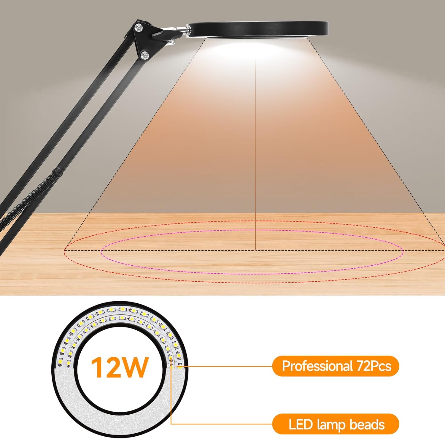 Lupa con luz y soporte, lupa iluminada LAKIX 10X con 72 luces LED, 3 modos de color lupa iluminada y brazo ajustable para lectura, manualidades,