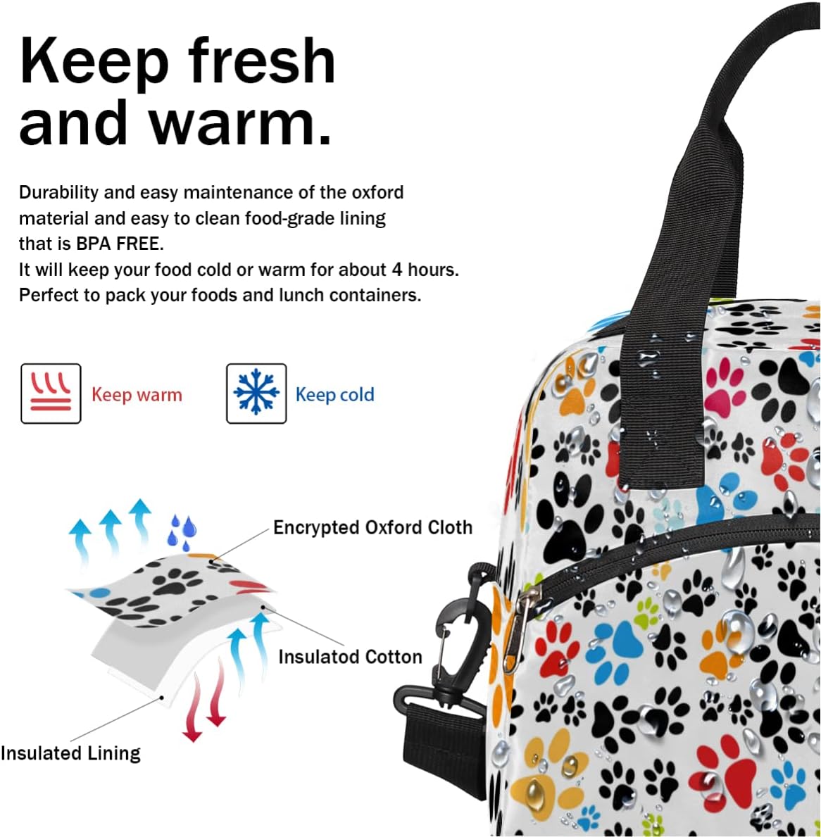 Bolsa de almuerzo aislada con diseño de patas de gato y perro, a prueba de fugas, colorida bolsa térmica con correa ajustable para el hombro,