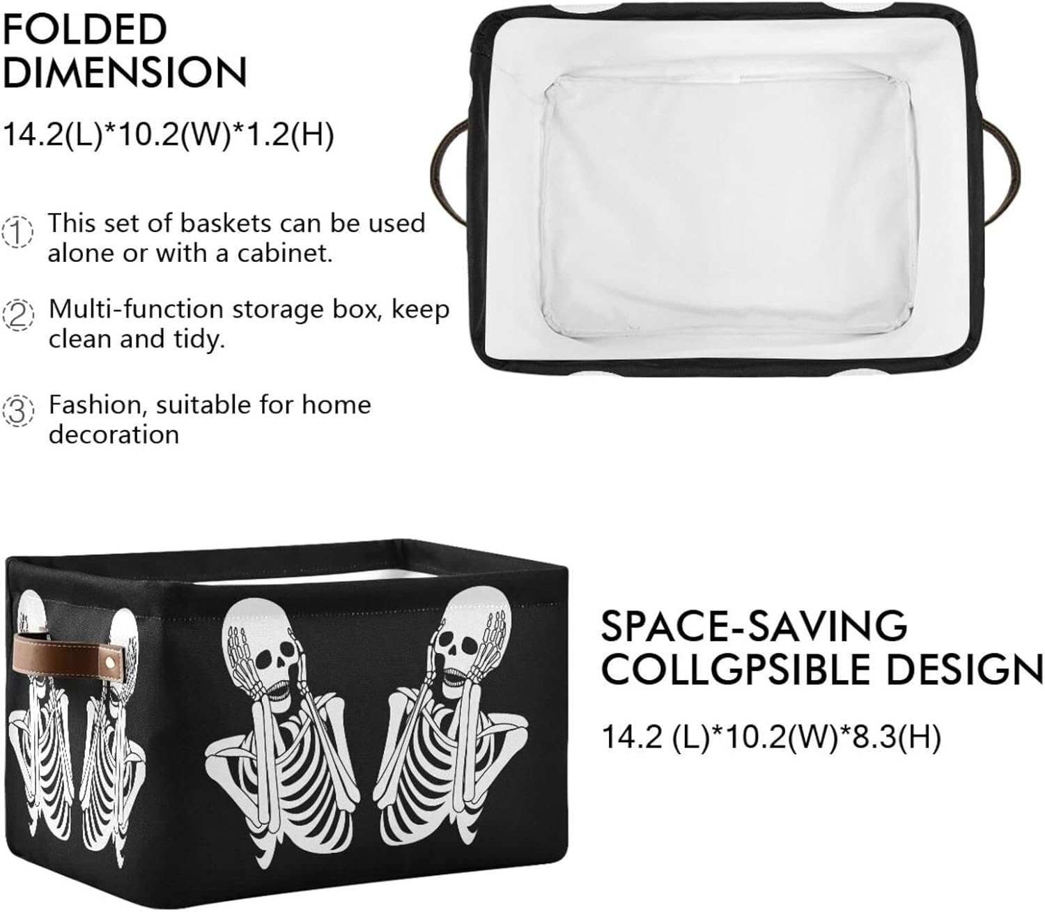 ALAZA Cesta de almacenamiento con diseño de calavera de Halloween, diseño de esqueleto negro para estantes para organizar el armario, estante del