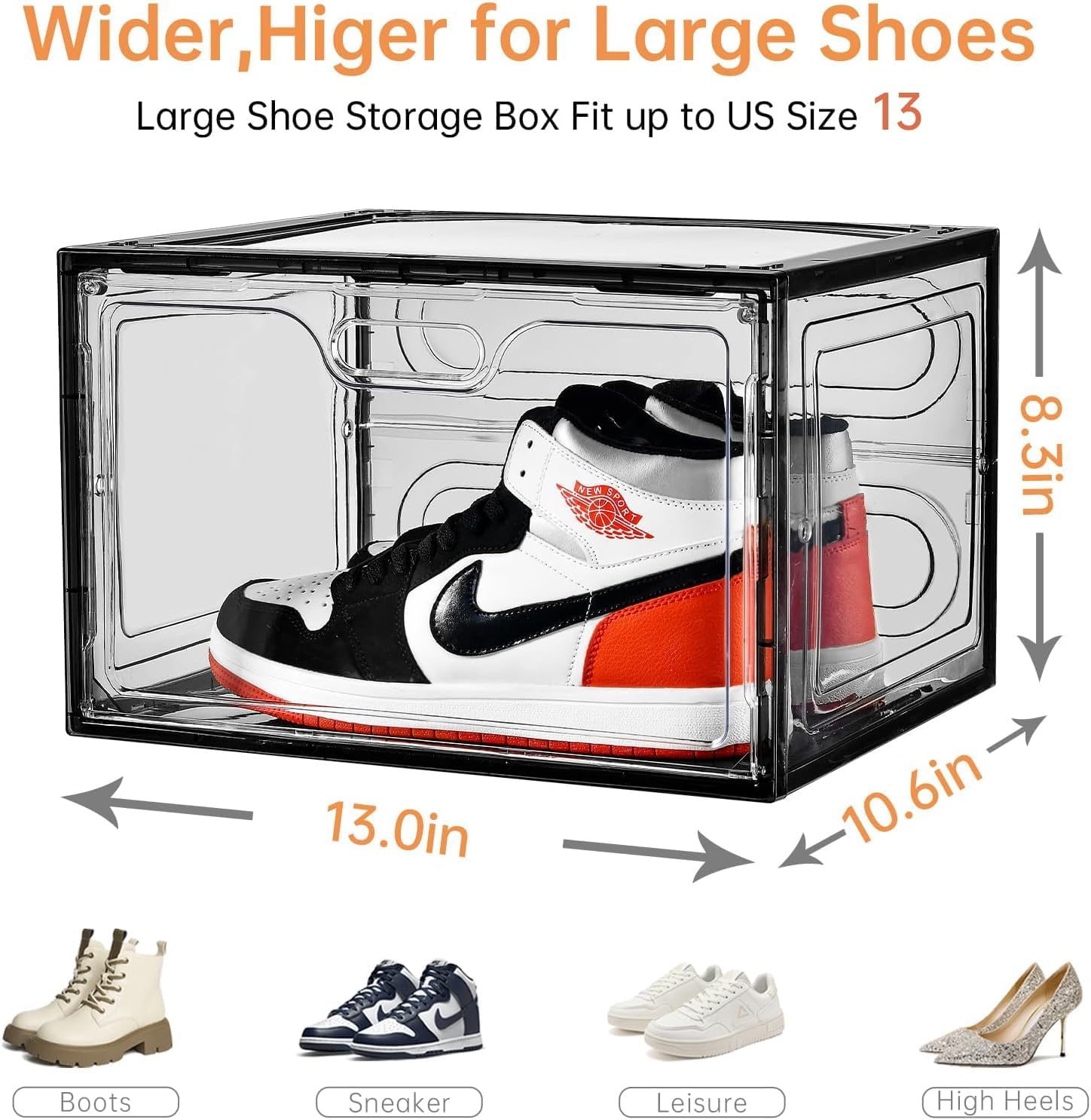 Paquete de 8 cajas de zapatos apilables color gris, organizador grande de almacenamiento de zapatos con tapas, contenedores laterales caídos para