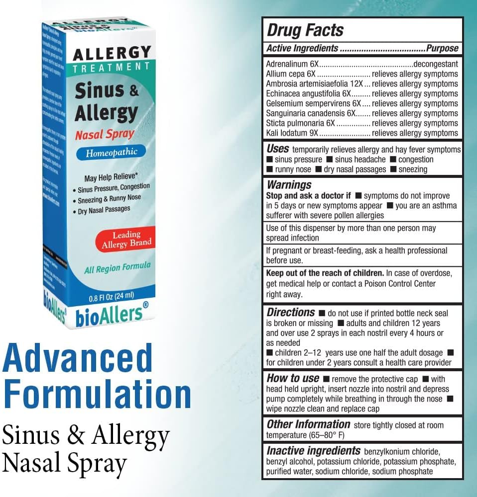 NaturalCare bioAllers Aerosol nasal para alergias, aerosol homeopático para alivio de la congestión, presión sinusal, estornudos, secreción nasal,