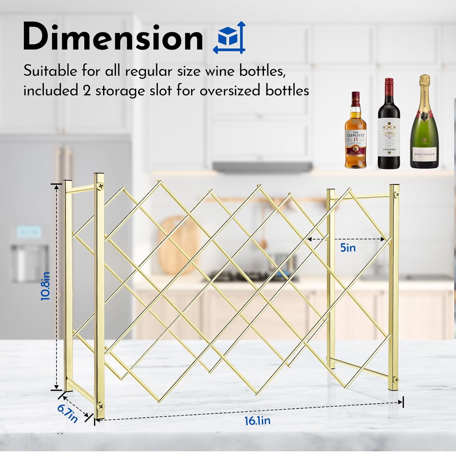 TOBUSA Estante de vino dorado para encimera, moderno estante de vino independiente, soporte para 10 botellas de vino de diseño simple, estante de