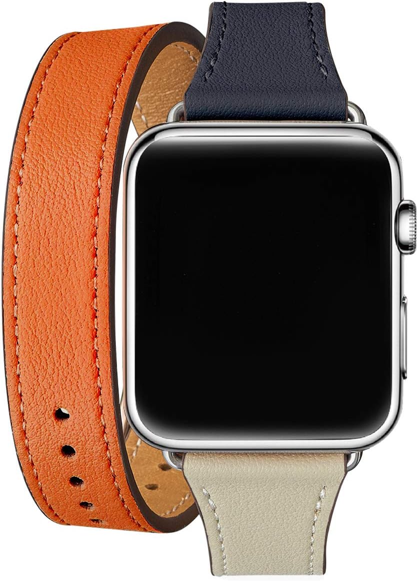 Bestig Correa compatible con Apple Watch Band de 1.496 pulgadas, 1.575 pulgadas, 1.614 pulgadas, correa delgada de cuero genuino, diseño doble giro,