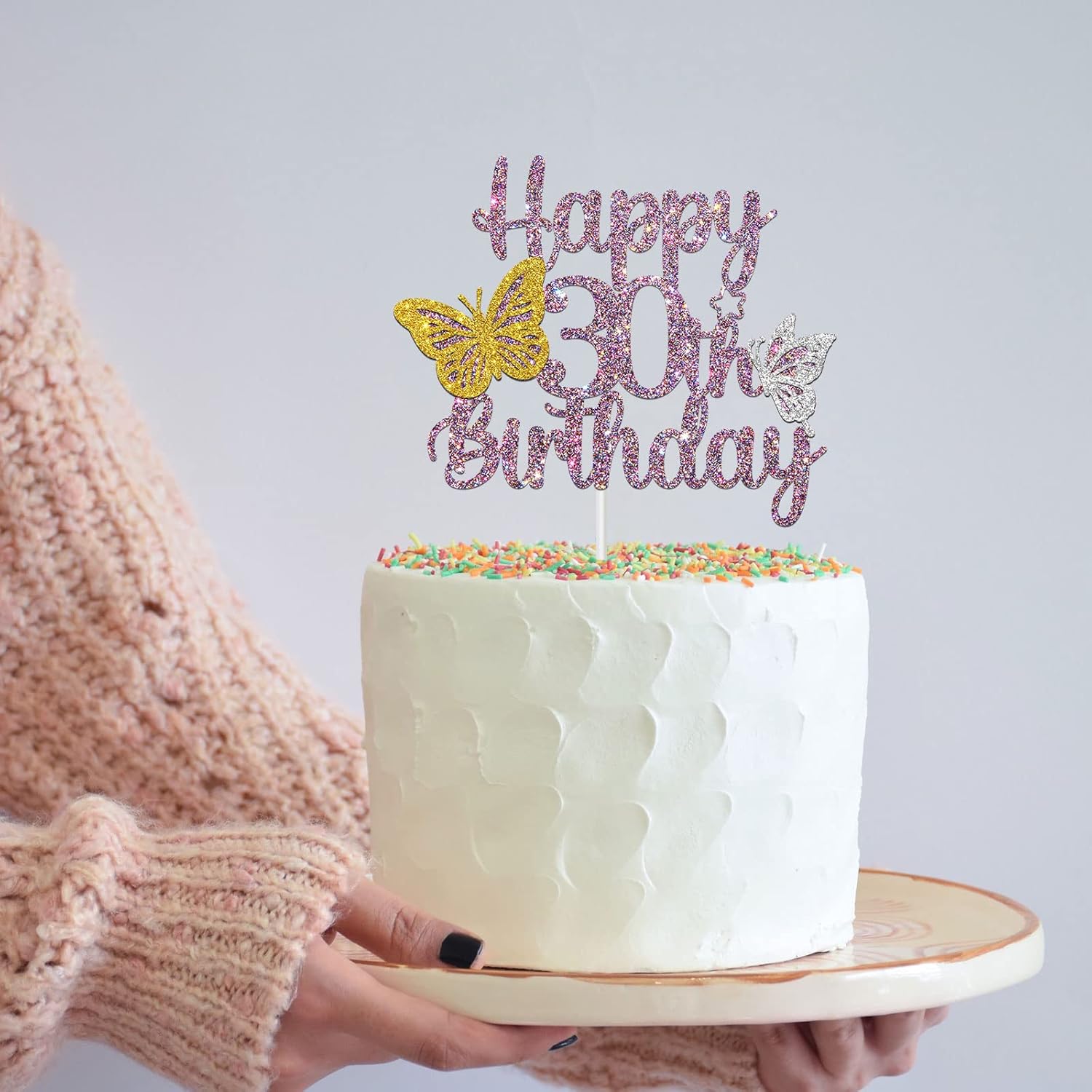 Decoración para tarta de cumpleaños de 30 años con purpurina morada, decoración de pastel de mariposa 30, decoración para tartas de cumpleaños de 30