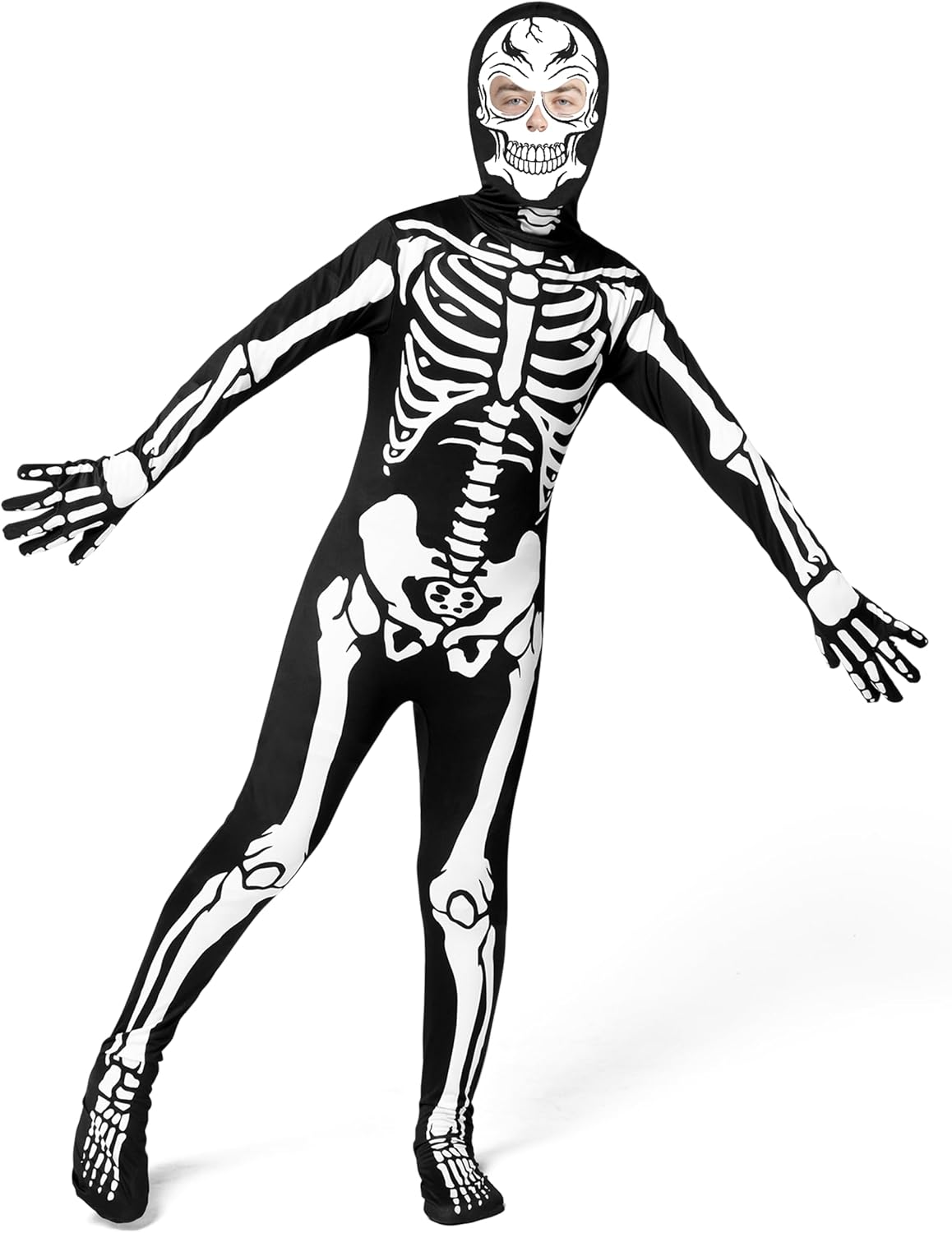 Spooktacular Creations Disfraz de esqueleto para niños, body con capucha de esqueleto negro que brilla en la oscuridad para niños y niñas