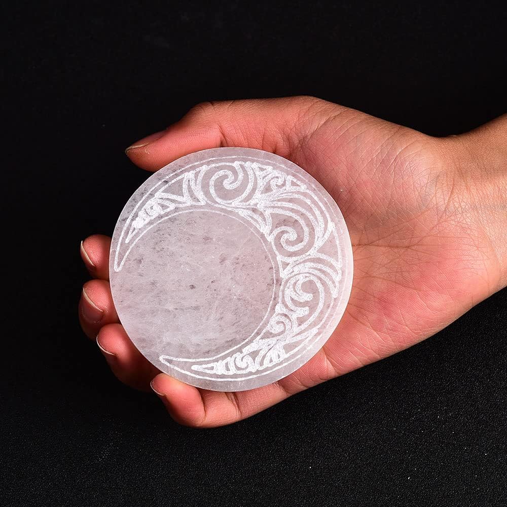 JIC Gem Placa de carga de selenita grabada con luna de 3 pulgadas, losa de selenita grabada, pequeña estación de carga de cristal curativo