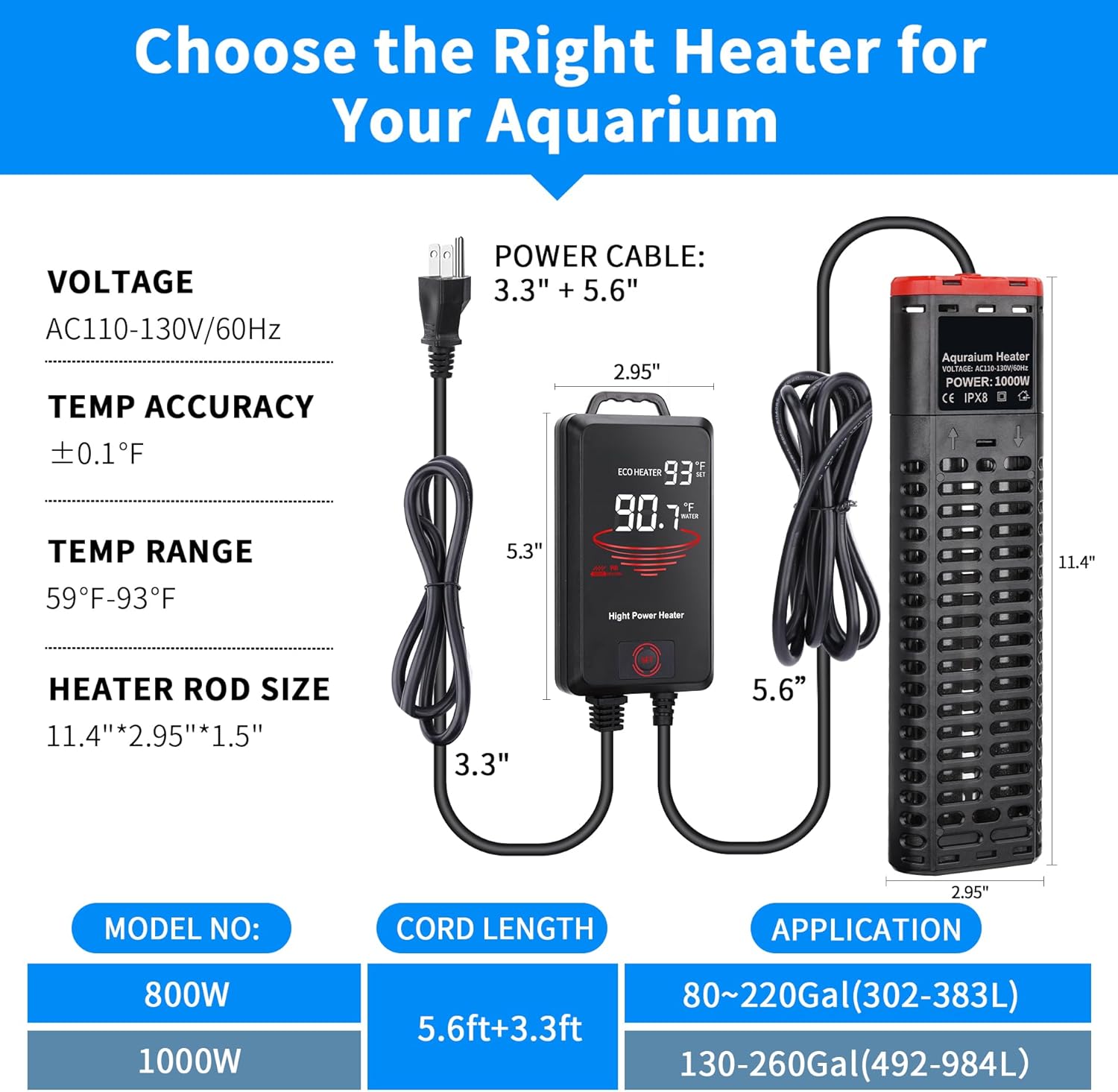 Calentador de acuario de 1000 W sumergible para pecera con tubos de cuarzo dobles y controlador de temperatura de pantalla LED para 150-300 galones,
