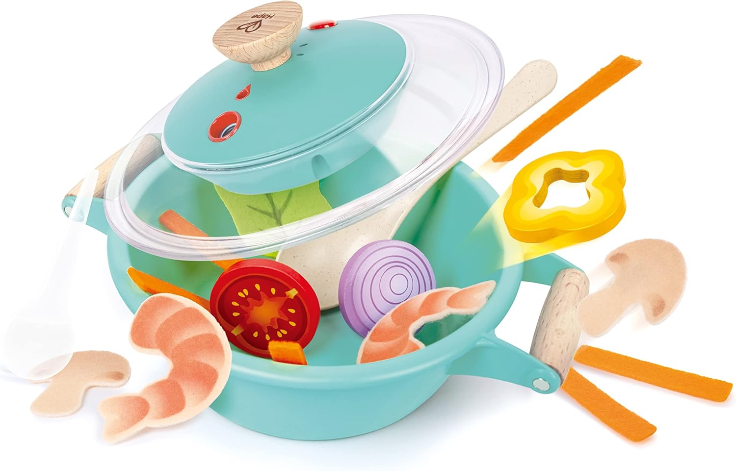 Hape Little Chef Cooking & Steam Playset  Cocina de juguete con comida de juego y accesorios, para niños a partir de 3 años
