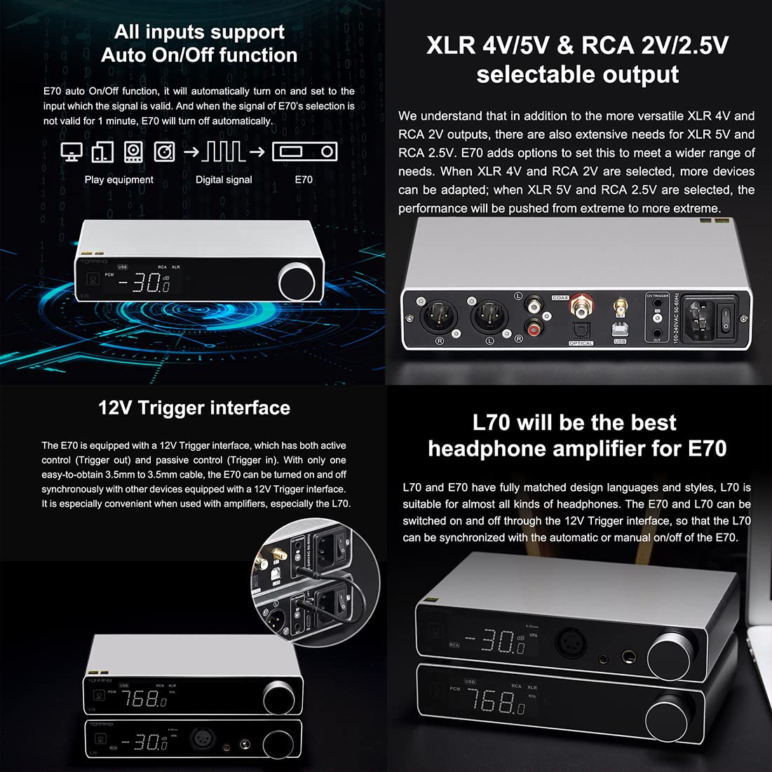 Topping E70 HiFi DAC ES9028Pro XU316 DSD512 32bit768kHz DAC Bluetooth 5.1USBOptEntrada coaxial Salida RCAXLR Audio para el hogar Digital Hi-Res DAC