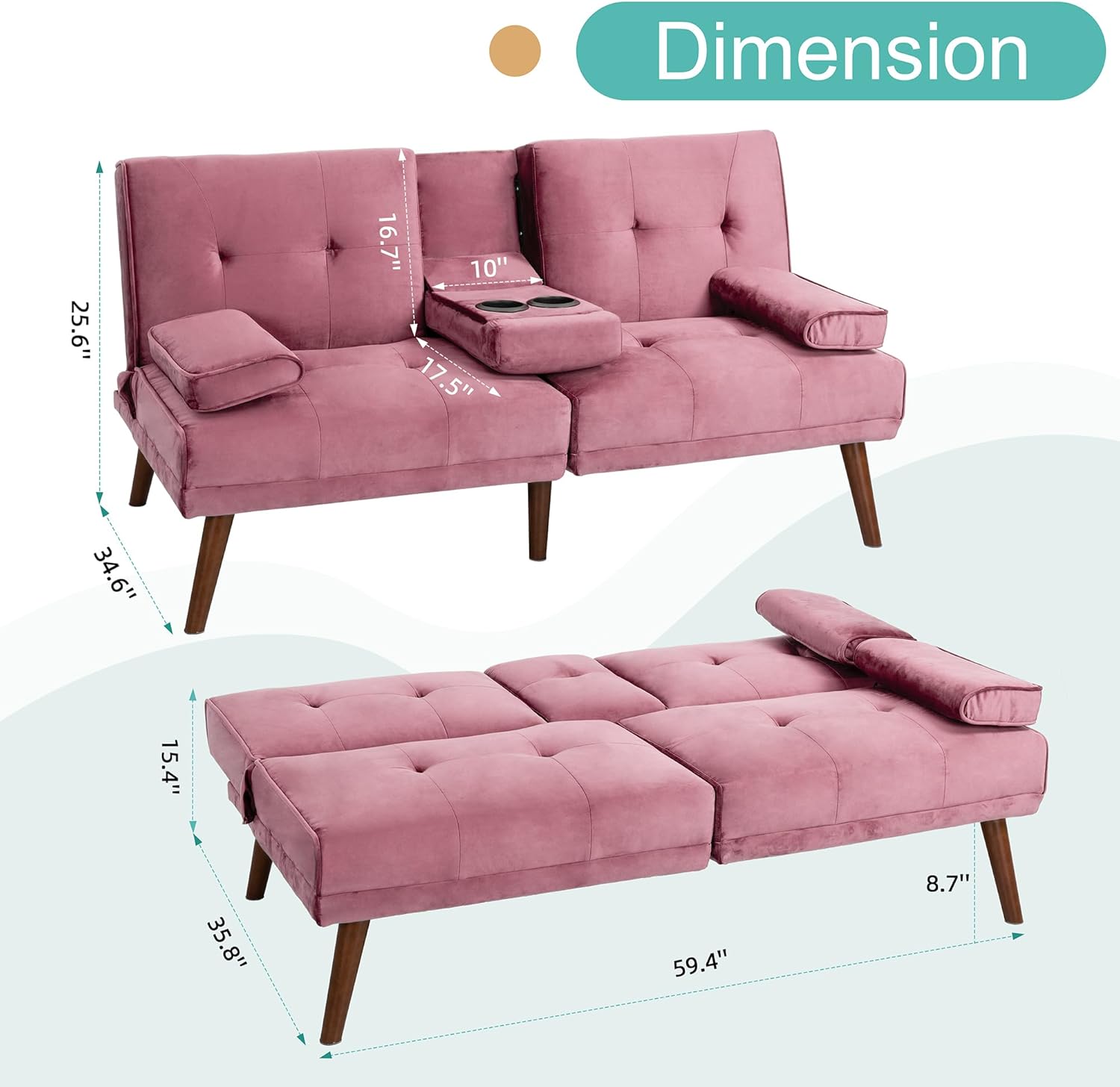 Meilocar Sofá cama de terciopelo, sofá biplaza de 60 pulgadas con reposabrazos extraíbles, cama de invitados ajustable para espacios pequeños,