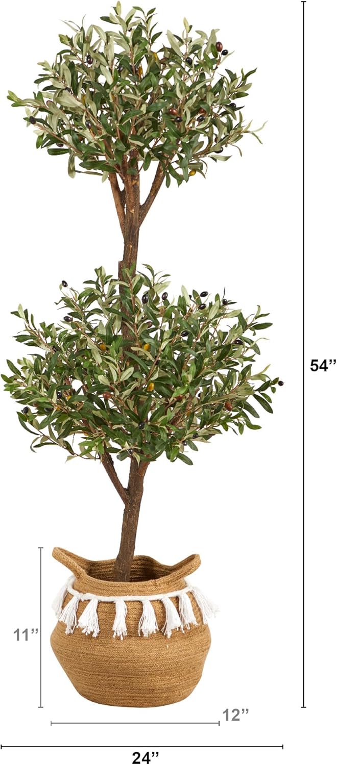 Nearly Natural Árbol topiario doble de oliva artificial de 4.5 pies con cesta de yute y algodón hecha a mano con borlas
