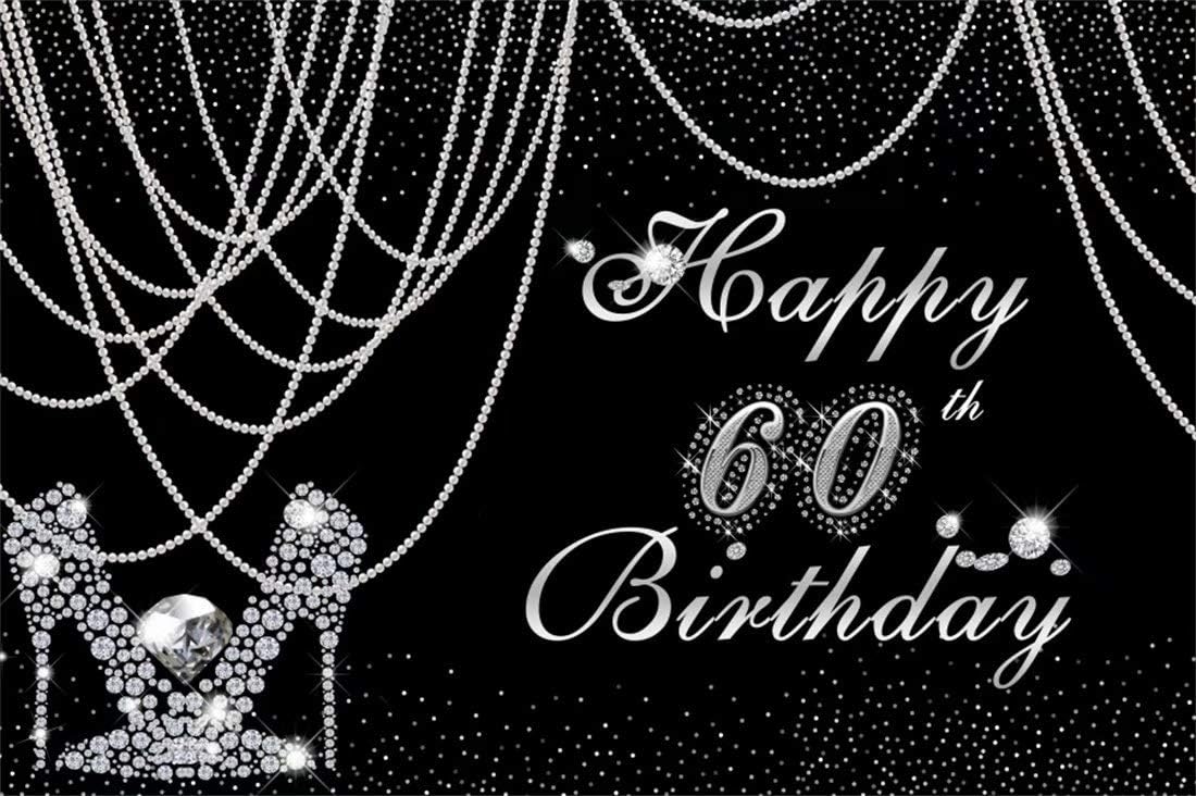 Telones de fondo negro plateado para mujer de 60 cumpleaños para fotografía, cortina de perlas de 9 x 6 pies, pantuflas de diamante plateado con