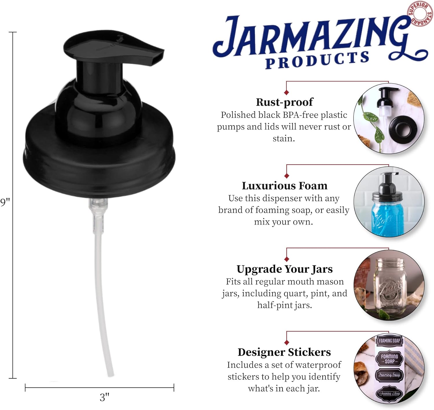 Jarmazing Products Mason Jar Tapas dispensadoras de jabón espumoso, incluye pegatinas impermeables, color negro, 1 paquete