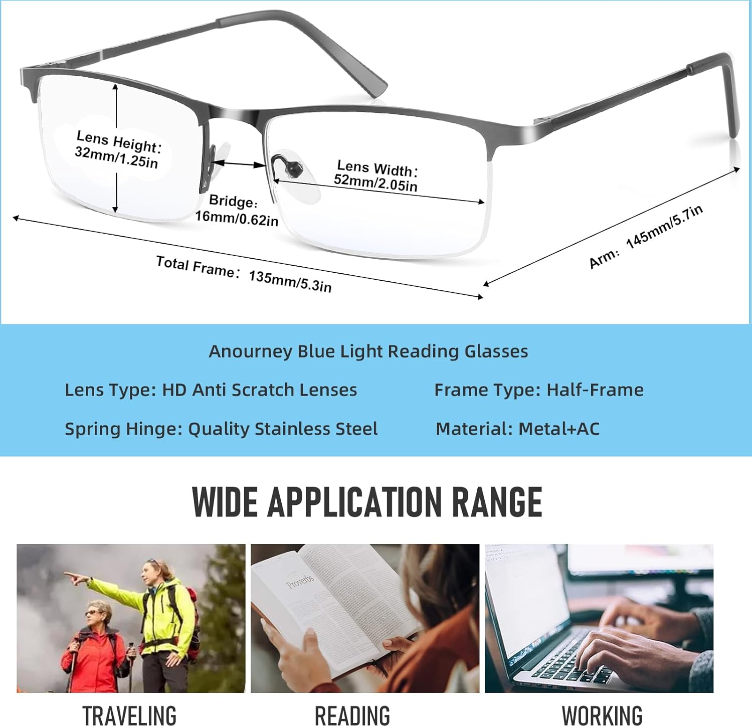 Blue Light Blocking Glasses, Lightweight Metal Half Frame Computer ReadingGamingTVPhones Glasses,Filter UV RayComputer Glare with Spring Hinge