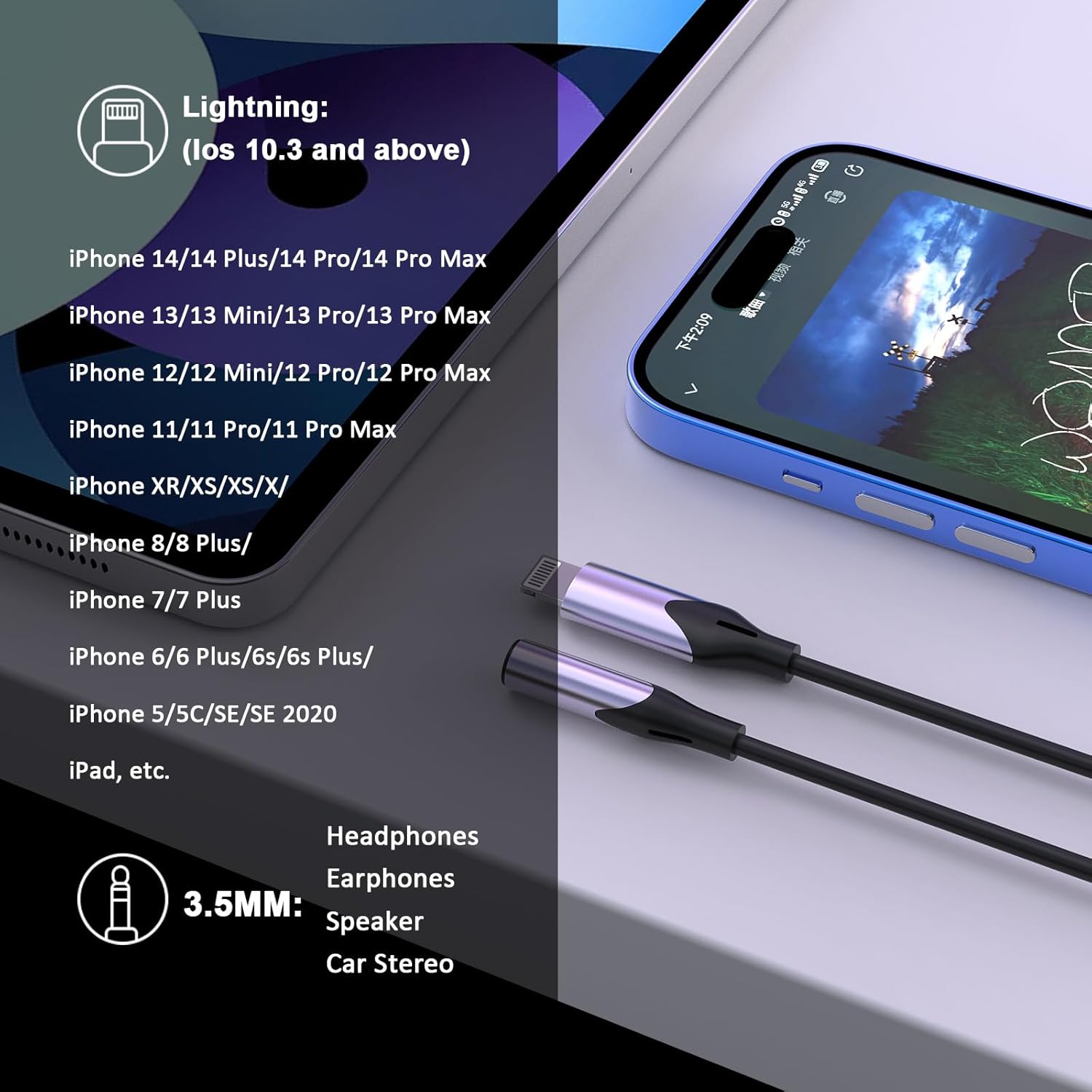 Certificado MFi de Apple Adaptador Lightning a conector de auriculares de 0.138 in, paquete de 2 auriculares trenzados para iPhone de 0.138 in,