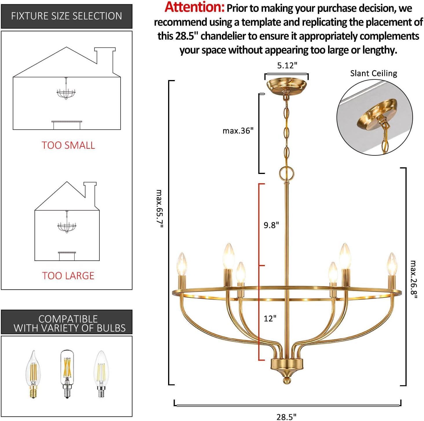 Candelabro dorado para comedor, 28.5 pulgadas de diámetro, moderna, estilo granja, lámpara sobre mesa, lámpara de araña de latón con 6 luces para
