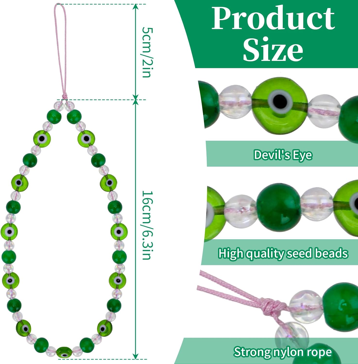 simarro Dije de teléfono contra el mal de ojo, cristal verde con cuentas de ojo de diablo con cuentas para teléfono, correa de muñeca para teléfono