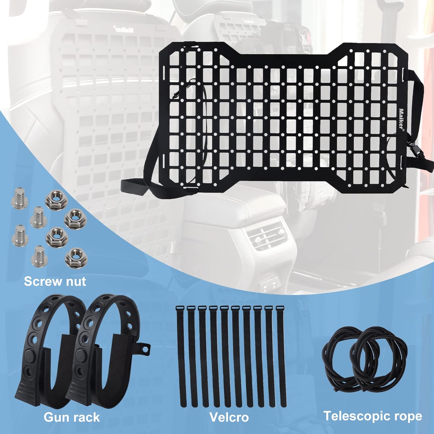 MAIKER – Paneles tácticos rígidos Molle para vehículos, organizador de respaldo de asiento de automóvil, estante para rifle, plataforma de