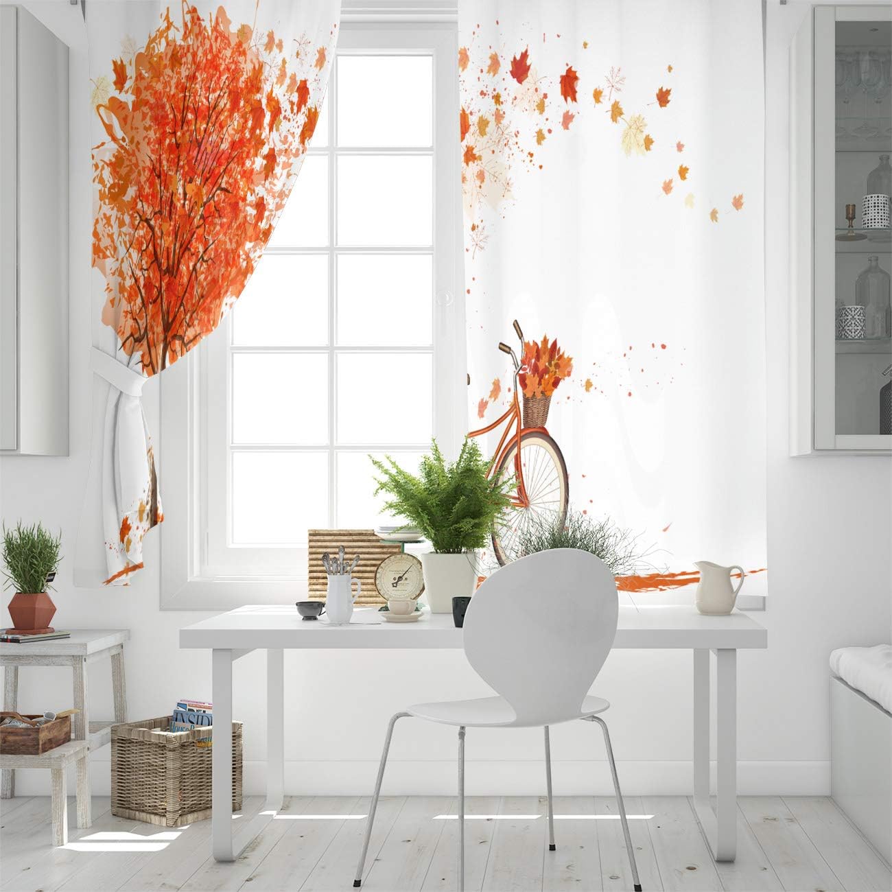 FortuneHouse Blackout Curtains Thermal Insulated Autumn red Maple Leaves and Bicycle Solid Pattern Metal Grommet Elegant Room Drapes Window Curtain