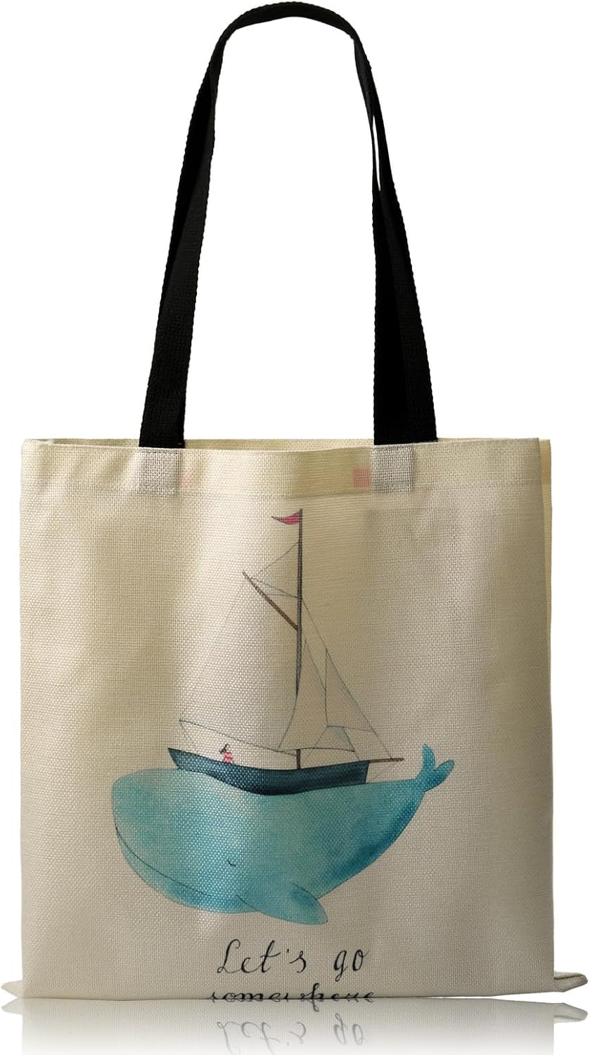 Bolsa de lona para mujer, con bonito estampado, reutilizable, de algodón, a la moda, escuela, compras, playa, comestibles