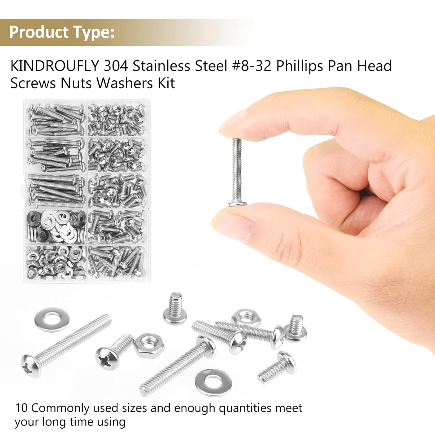 Juego de 202 piezas #8-32x 14″, 516″, 38″, 12″, 58″, 34″, 1″, 1-14″, Tornillos Phillips con cabeza sartén, tuercas y arandelas surtidas, acero