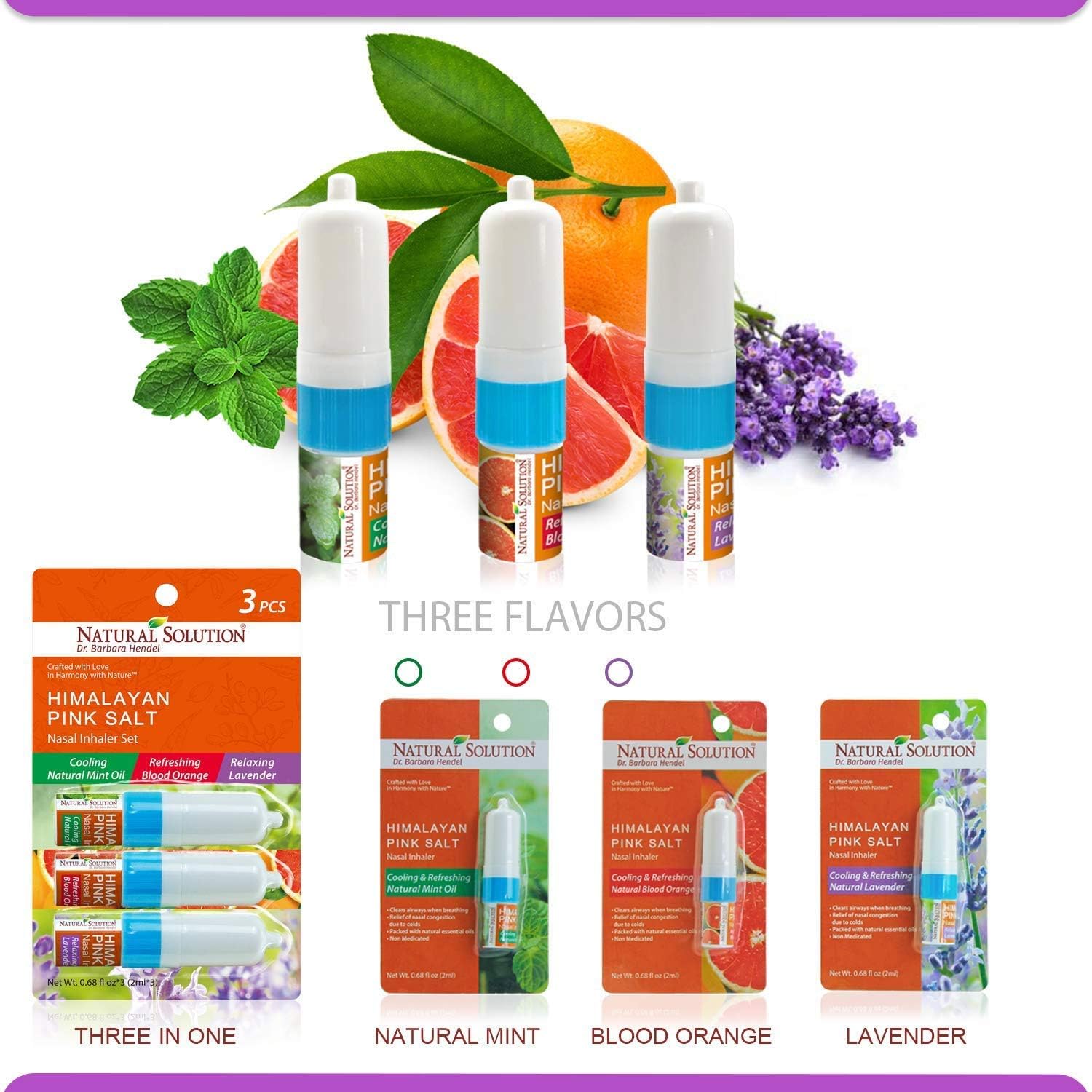 Natural Solution Inhalador nasal de sal rosa con aceites esenciales de lavanda relajantes, remedio para alivio de los senos nasales, alergias,