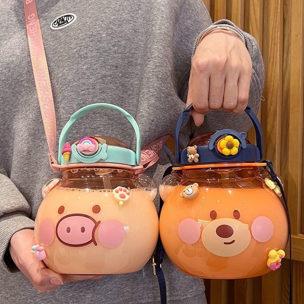 Botella de agua grande Kawaii con correa y calcomanías de resina, botella de agua de 48 onzas con pajilla, botella de agua portátil redonda para
