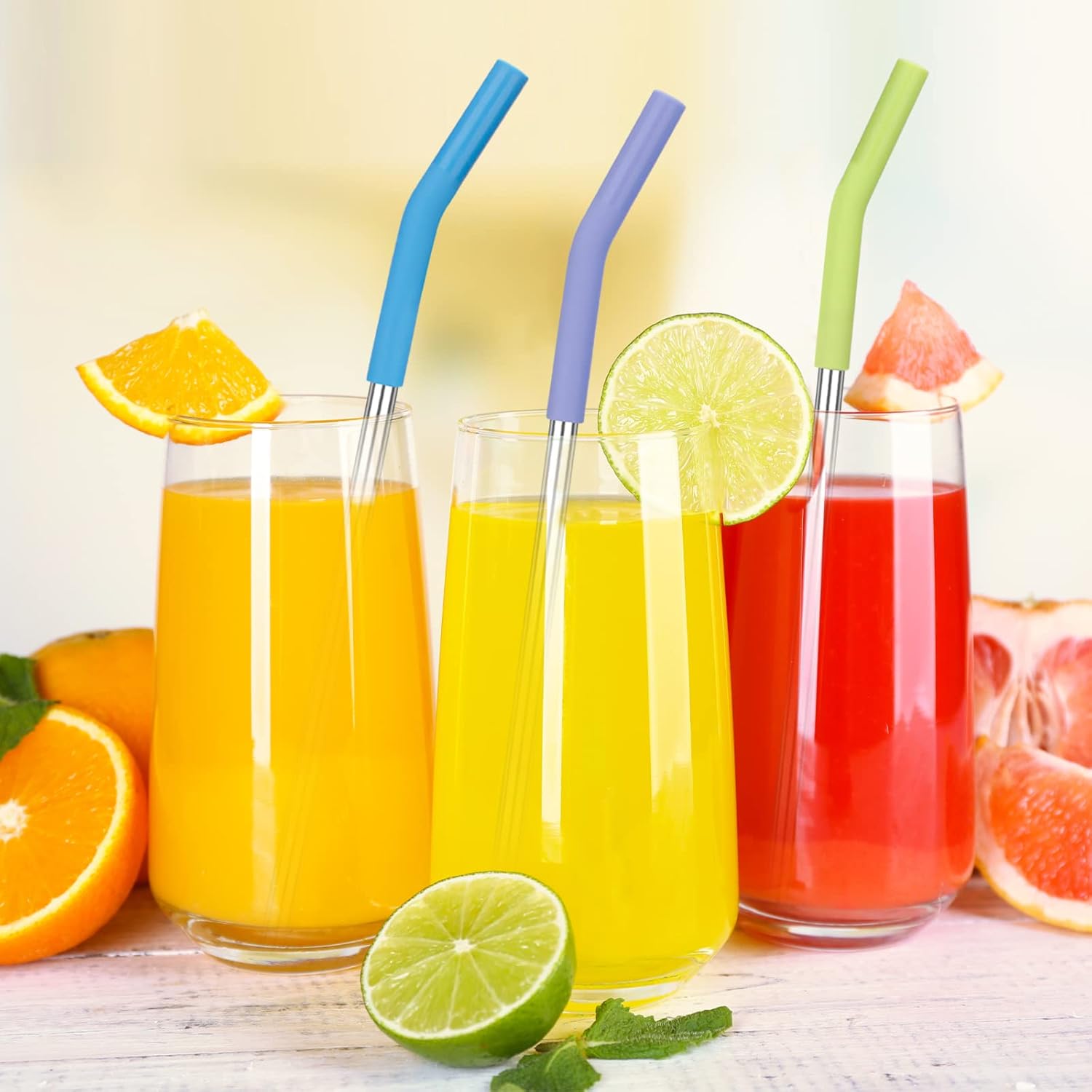 Sursip Juego de 6 popotes reutilizables de acero inoxidable con silicona, popotes de 0.315 pulgadas de ancho para batidos de frutas, 6 popotes de