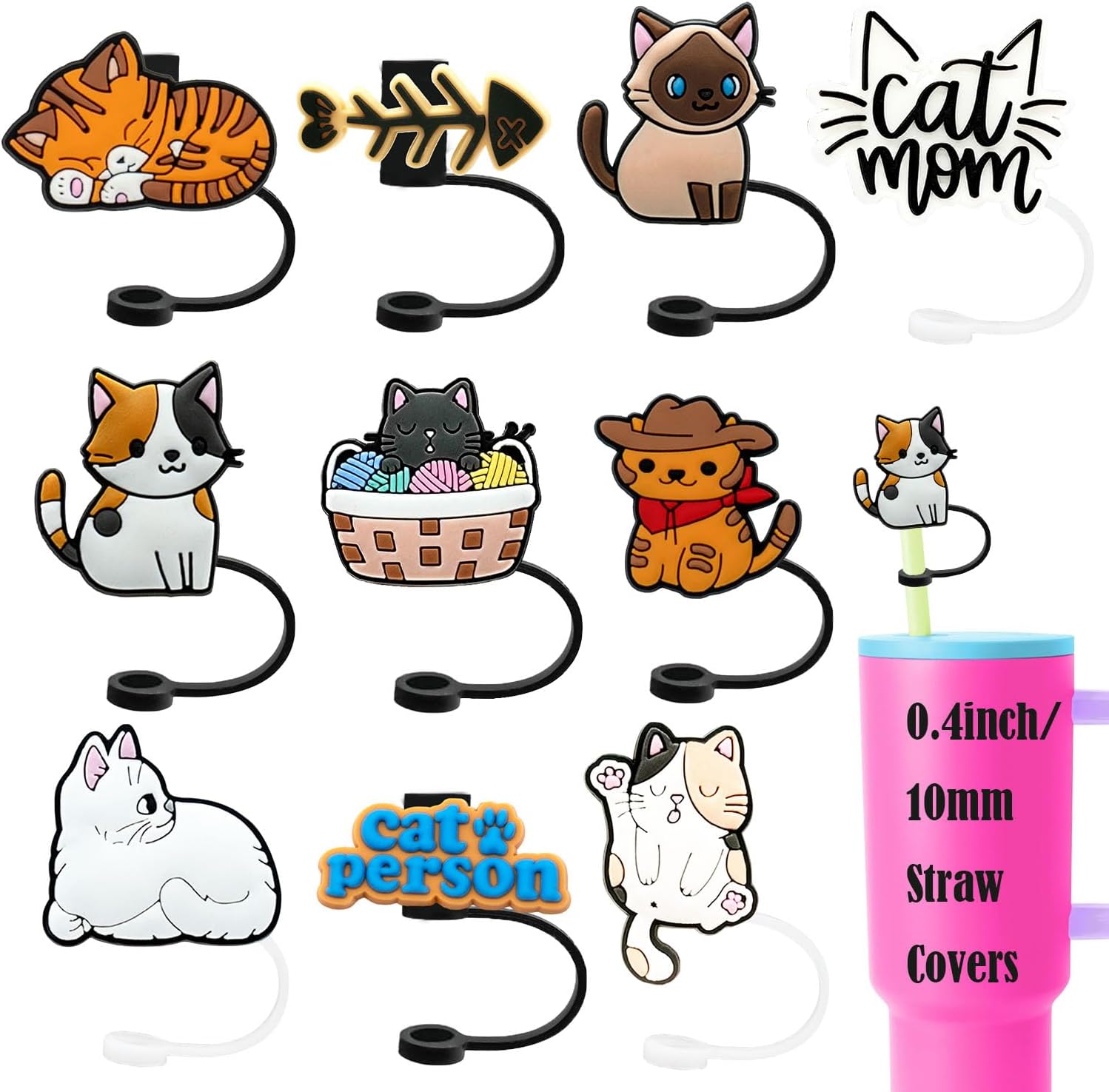 10 tapas de popote para copa Stanley, (lindo gato de dibujos animados) compatible con vaso Stanley de 30 y 40 onzas con asa, cubiertas de punta de
