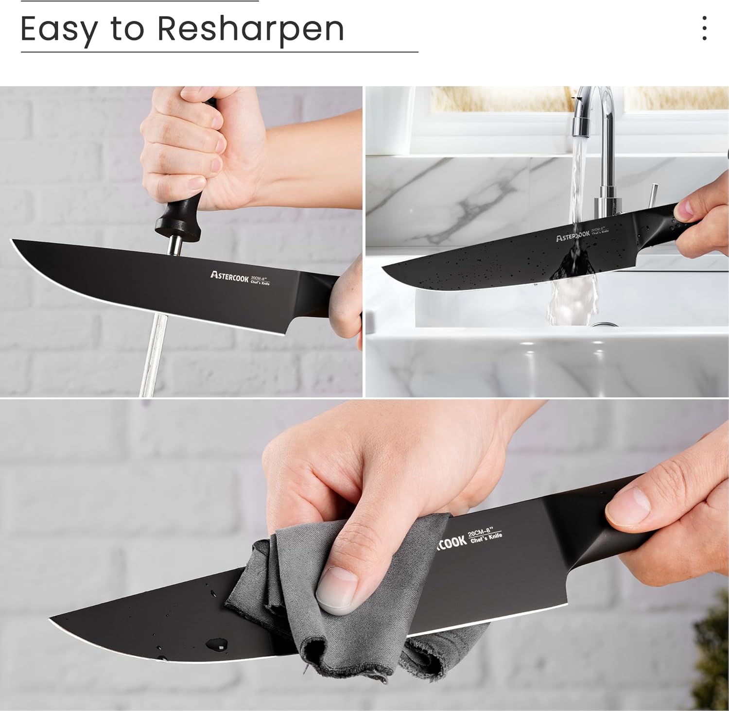 Astercook Juego de cuchillos de cocina, juego de cuchillos de chef de 15 piezas con bloque, mango de acero inoxidable alemán, diseño de una sola