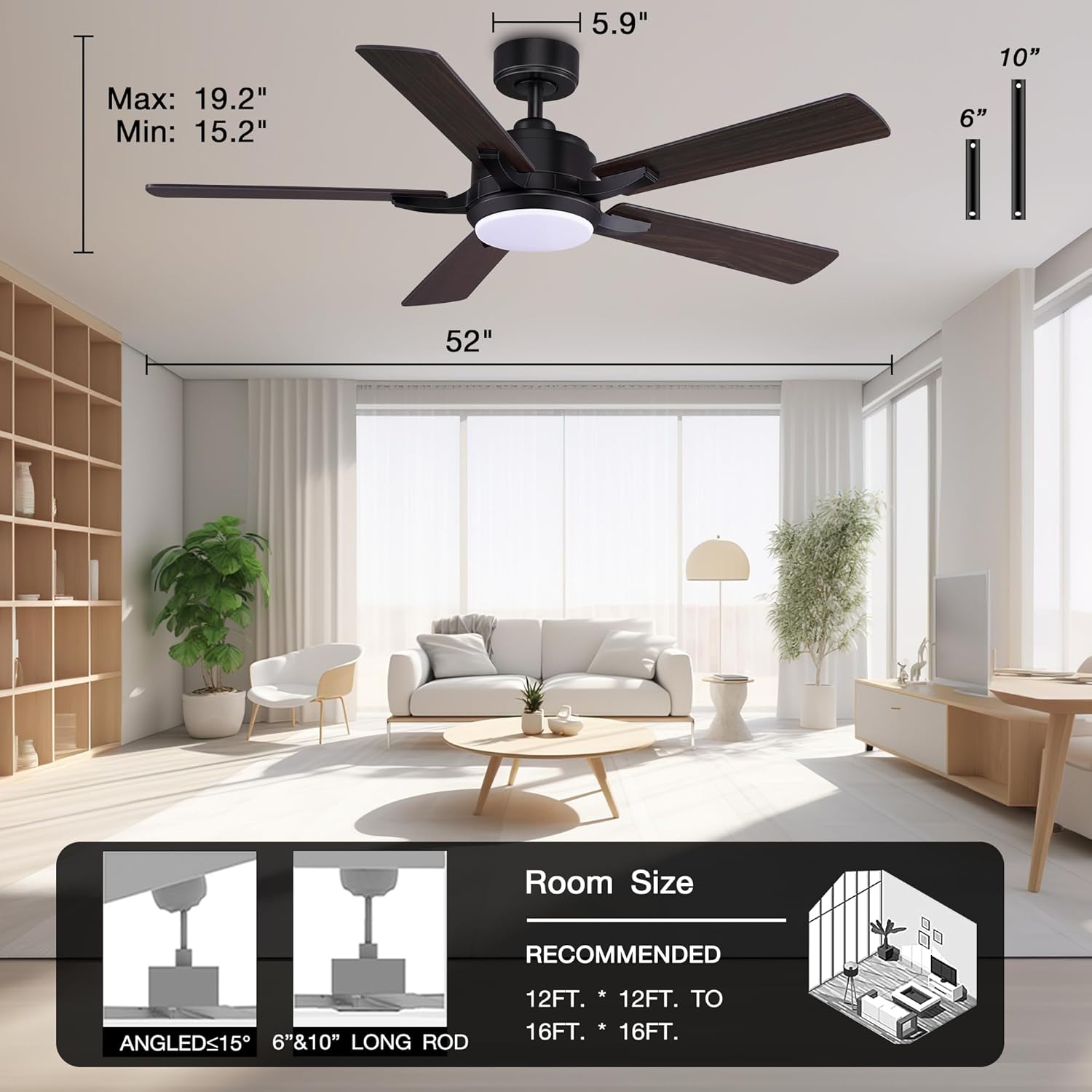 Ventiladores de techo inteligentes de 52 pulgadas con control remoto de luces, motor de CC silencioso, ventilador de techo moderno para interiores y