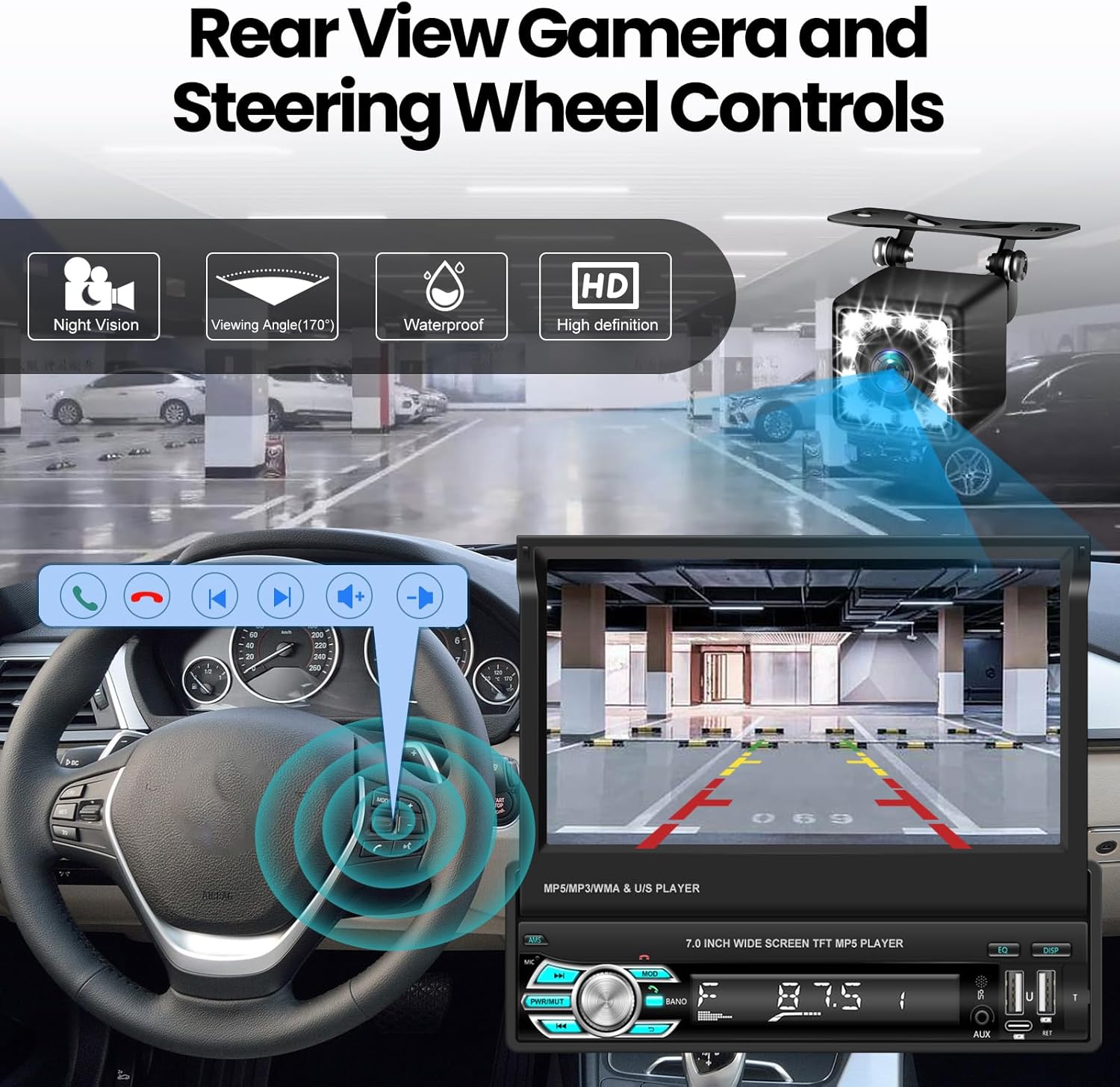 Radio de coche de un solo DIN con Bluetooth, Carplay inalámbrico y Android Auto, pantalla abatible de 7 pulgadas, soporte estéreo retráctil para