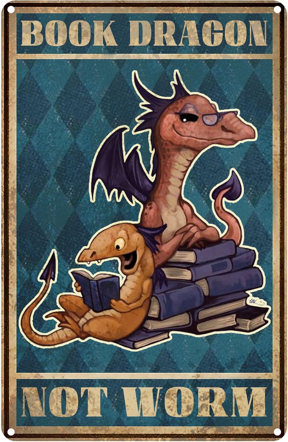 Letrero de metal retro con diseño de dragón con texto en inglés “Dragon Not Worm”, póster divertido para biblioteca, cafetería, sala de estar,